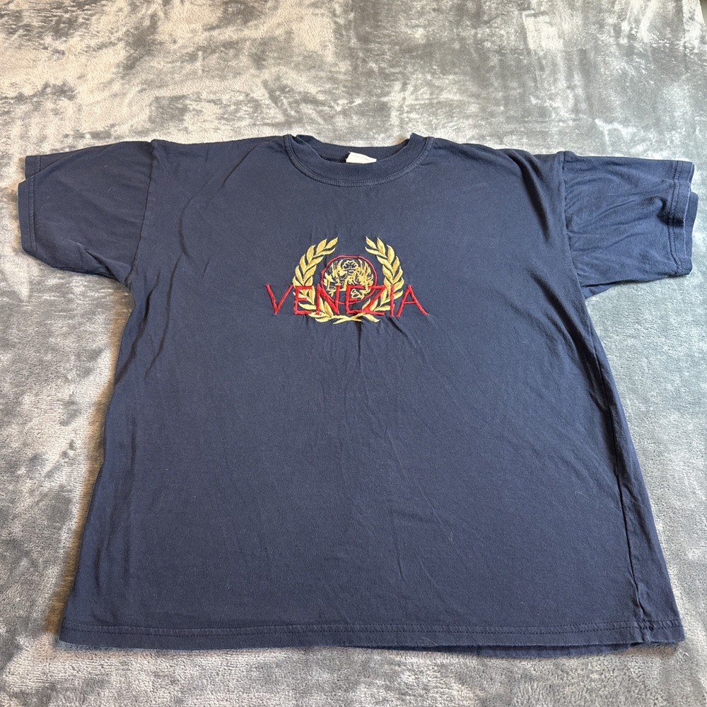 Men's Navy Embroidered T-Shirt Venezia Made In Italy Vintage L